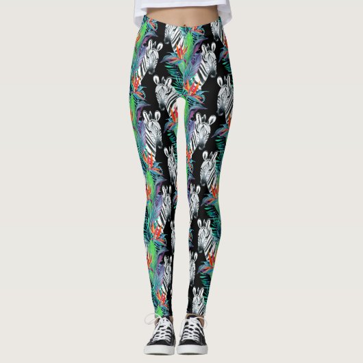Leggings Zèbre et motif de fleurs exotique 2 (Devant)