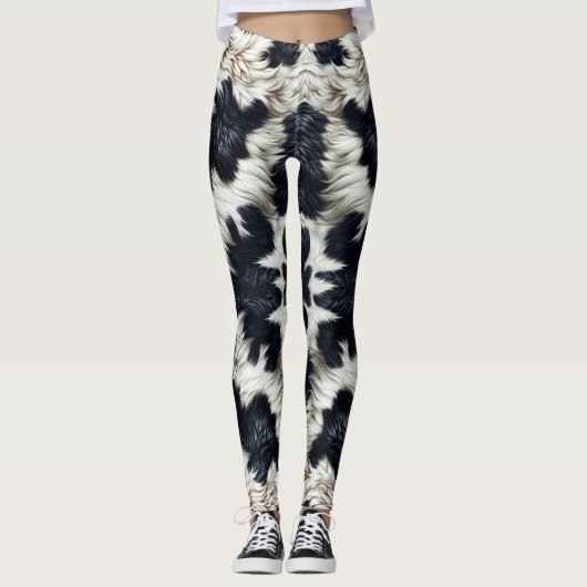Leggings Zones de vache noir et blanc Aspect de fourrure (Devant)