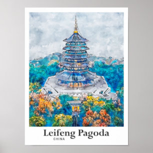 Leifeng Pagoda China Travel Waterverf met de hand Poster