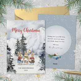 Leigrijze Aquarel Konijn Kerstliedjeszangers Kerst Feestdagenkaart