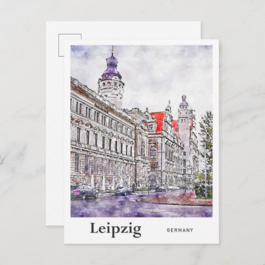Leipzig Duitsland Reizen Waterverf Hand getekend Briefkaart (Voorkant / Achterkant)