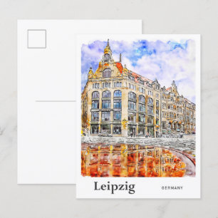 Leipzig Duitsland Reizen Waterverf Hand getekend Briefkaart