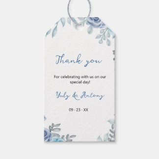 Leisteenblauw grijs aquarel bloemige bedankt cadeaulabel