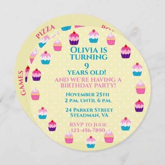 Lekkere Cupcakes Ronde Kinderverjaardagsfeestje Kaart (Voorkant / Achterkant)