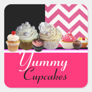 LEKKERE VERJAARDAG CUPCAKES / ROZE WITTE CHEVRON VIERKANTE STICKER