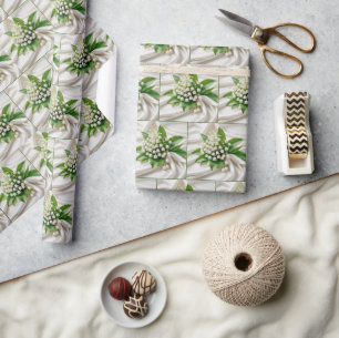 Lelie van de vallei boeket op wit satijn cadeaupapier