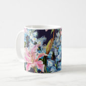 Lelies, delphiniums grens: waterverf schilderij. koffiemok (Voorkant links)