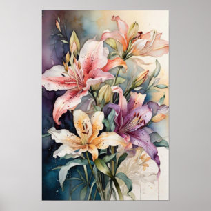 Lelies in Waterverf Harmonie - Flowers Digital Art Poster
