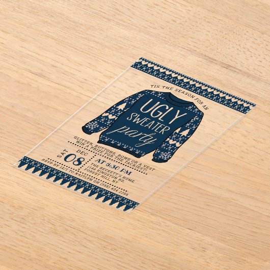 Lelijk Blauw Kersttrui Vakantie Party Acryl Uitnodigingen (Laagn)