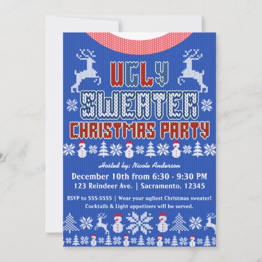 Lelijk gebreide trui kerstfeest blauw wit rood kaart (Voorkant)