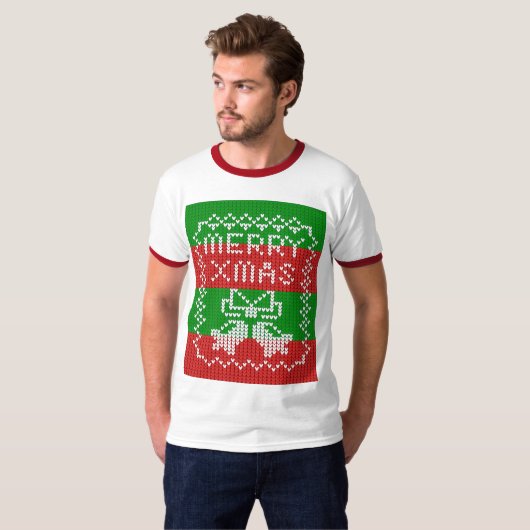 Lelijke trui patroon jingle bells Merry Xmas garen T-shirt (Voorkant volledig)