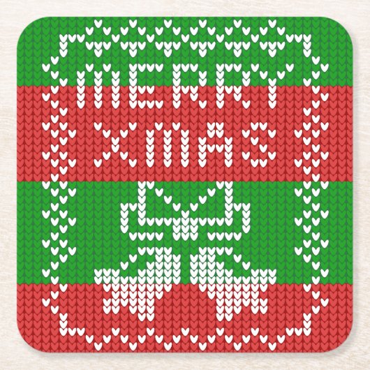 Lelijke trui patroon jingle bells Merry Xmas garen Vierkante Kartonnen Onderzetter (Voorkant)