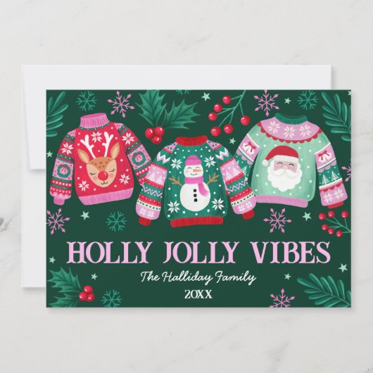 Lelijke truien met kerstman, rendier en sneeuwpopp feestdagenkaart (Voorkant)