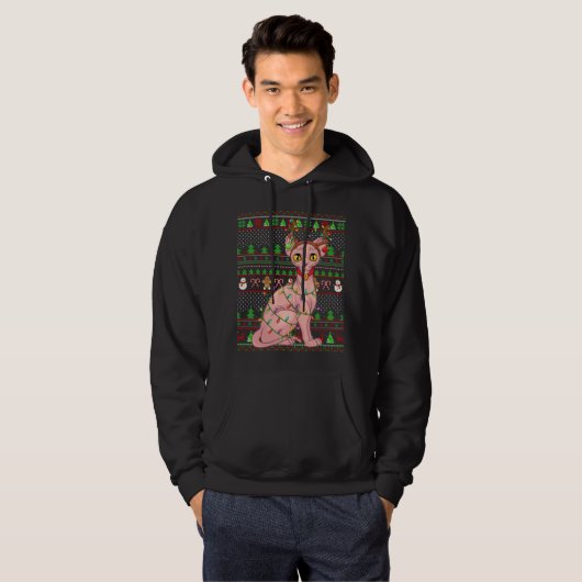 Lelijke Xmas trui stijl verlichting Sphynx kat Chr Hoodie (Voorkant volledig)