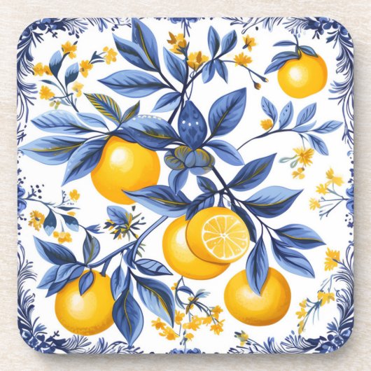 Lemon Azulejo met blauwe elementen Bier Onderzetter (Voorkant)