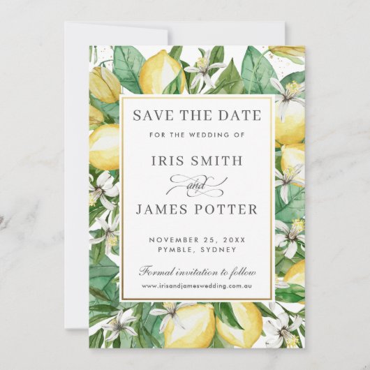 Lemon Azure Summer Greenery Save the Date Kaart (Voorkant)