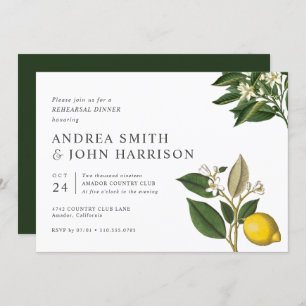 Lemon Blossom Chic Botanical Rehearsal Dinner Kaart