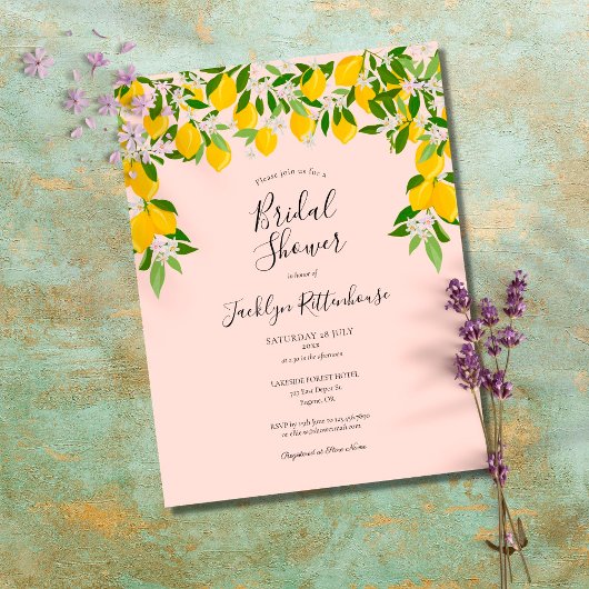 Lemon Blossom Greenery Blush Pink Vrijgezellenfees Aankondigingskaart