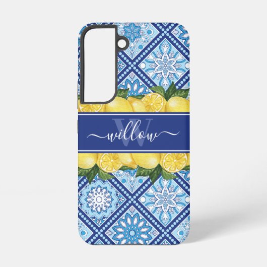 Lemon Blue Tile Backsplash Monogram Samsung Galaxy Hoesje (Achterkant)