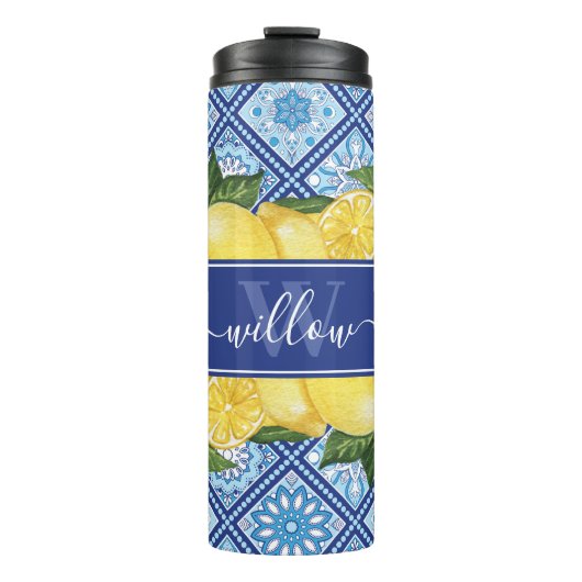 Lemon Blue Tile Backsplash Monogram Thermosbeker (Voorkant)