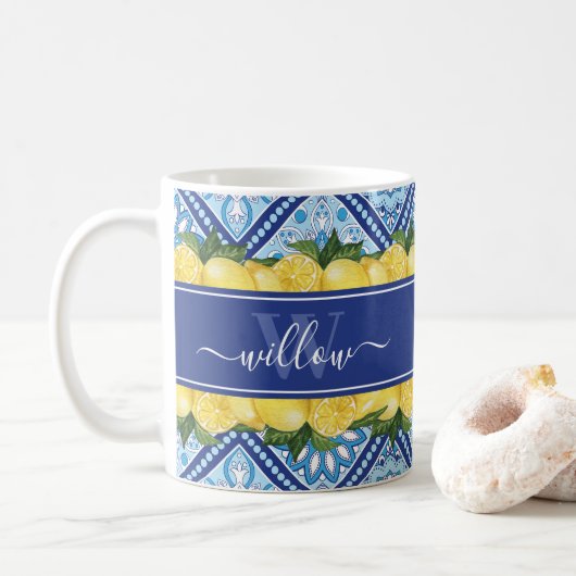 Lemon Blue Tile Backsplash Name Monogram Koffiemok (Met donut)