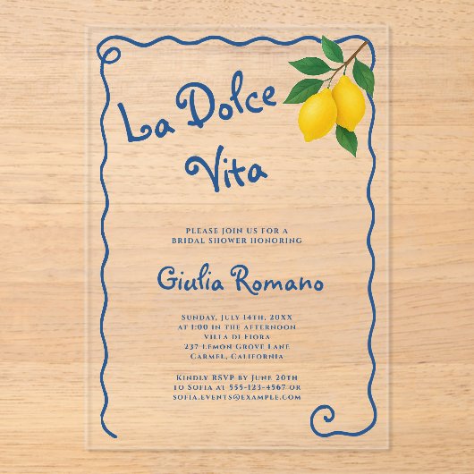 Lemon Blue Whimy Lijst La Dolce Vita Vrijgezellenf Acryl Uitnodigingen (Voorkant)