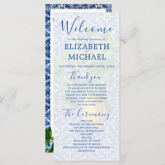 Lemon Blue White Tile Elegant Wedding Programma (Voorkant / Achterkant)