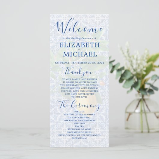 Lemon Blue White Tile Elegant Wedding Programma (Staand voorkant)
