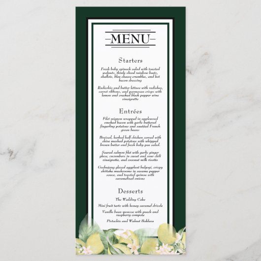 Lemon Border Emerald Green Wedding Flat Menu (Voorkant)