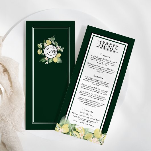 Lemon Border Emerald Green Wedding Flat Menu