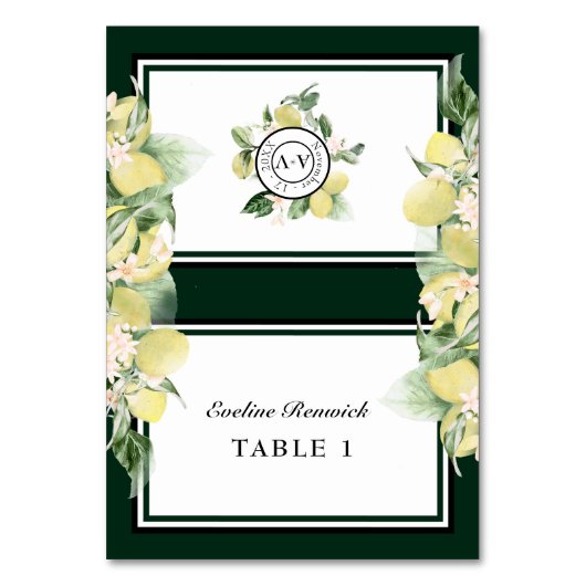 Lemon Border Green Wedding Foldable Place Card Kaart (Voorkant)