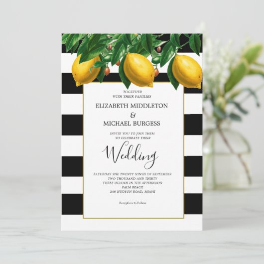 Lemon Botanical Black White Stripe Weddenschap Kaart (Staand voorkant)