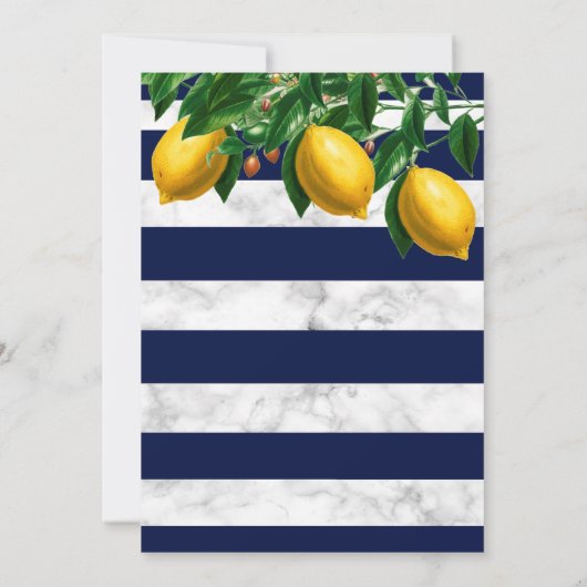 Lemon Botanical Navy White Stripe Marble Wedding Kaart (Achterkant)