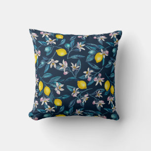 Lemon branches with blossoms and fruit on blue kussen