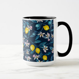 Lemon branches with blossoms and fruit on blue mok