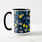 Lemon branches with blossoms and fruit on blue mok (Links)