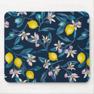 Lemon branches with blossoms and fruit on blue muismat