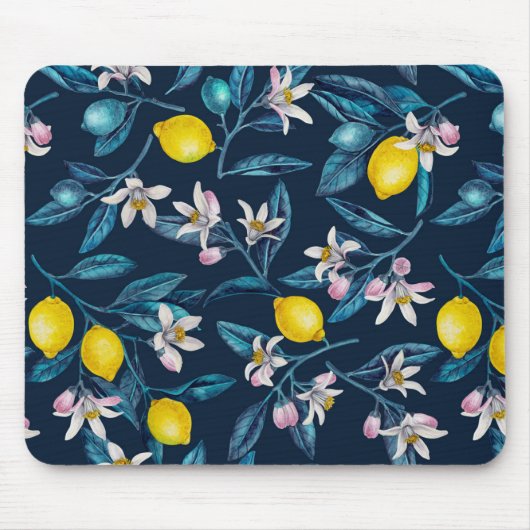 Lemon branches with blossoms and fruit on blue muismat (Voorkant)