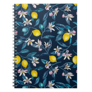 Lemon branches with blossoms and fruit on blue not notitieboek