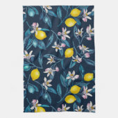 Lemon branches with blossoms and fruit on blue theedoek (Verticaal)