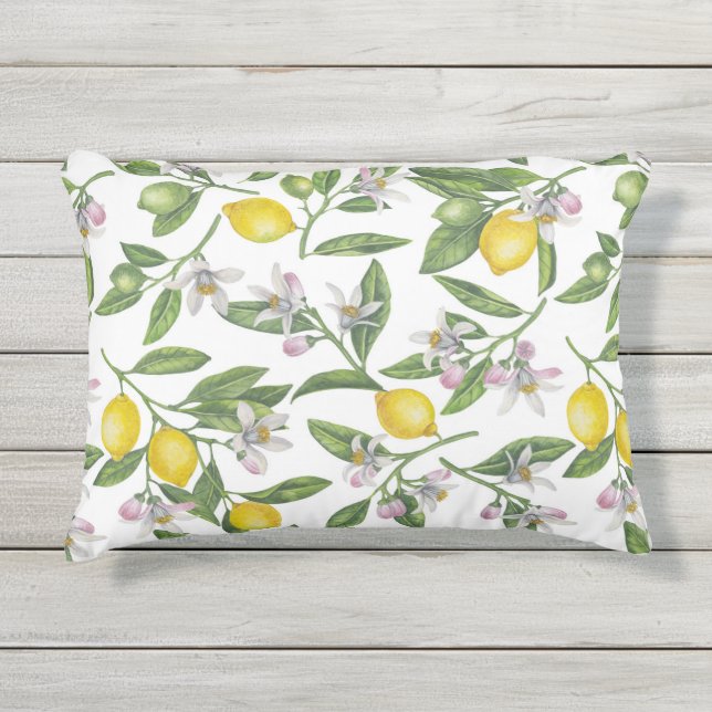 Lemon branches with blossoms and fruit on white buitenkussen (Voorkant)