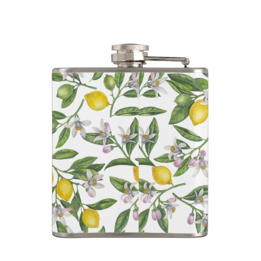 Lemon branches with blossoms and fruit on white heupfles (Achterkant)