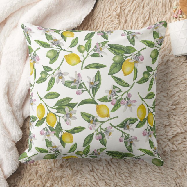 Lemon branches with blossoms and fruit on white kussen (Deken)