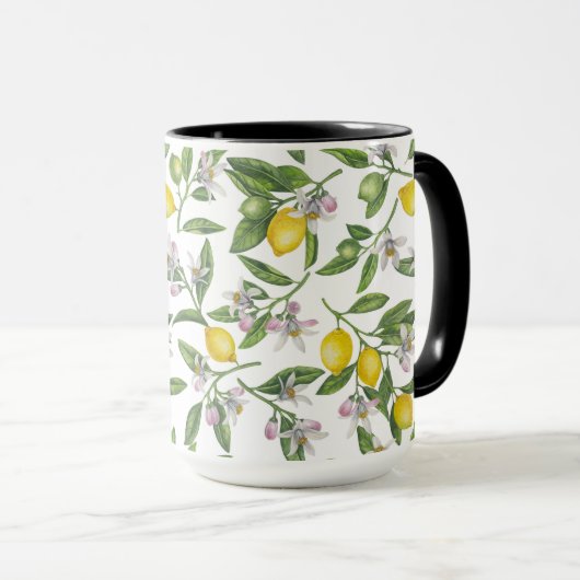 Lemon branches with blossoms and fruit on white mok (Voorkant rechts)