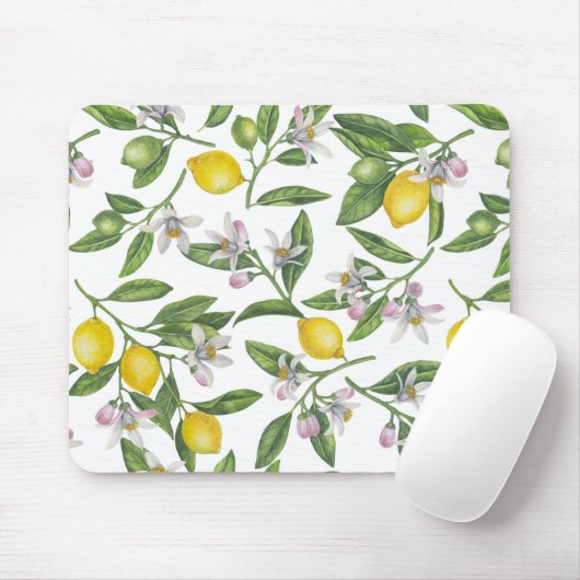 Lemon branches with blossoms and fruit on white muismat (Met muis)