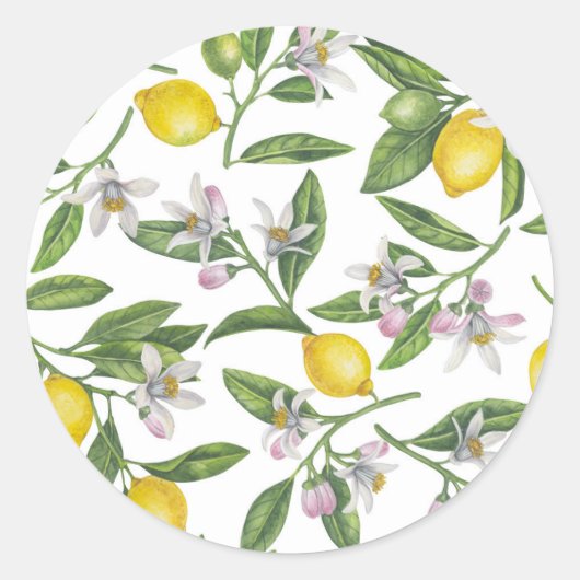 Lemon branches with blossoms and fruit on white ronde sticker (Voorkant)