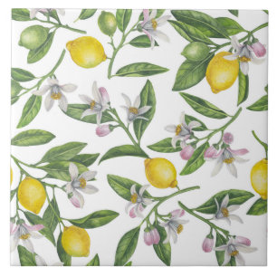 Lemon branches with blossoms and fruit on white tegeltje