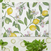 Lemon branches with blossoms and fruit on white theedoek (Gevouwen)