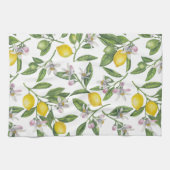 Lemon branches with blossoms and fruit on white theedoek (Horizontaal)