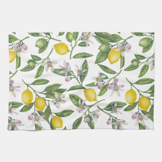 Lemon branches with blossoms and fruit on white theedoek (Horizontaal)